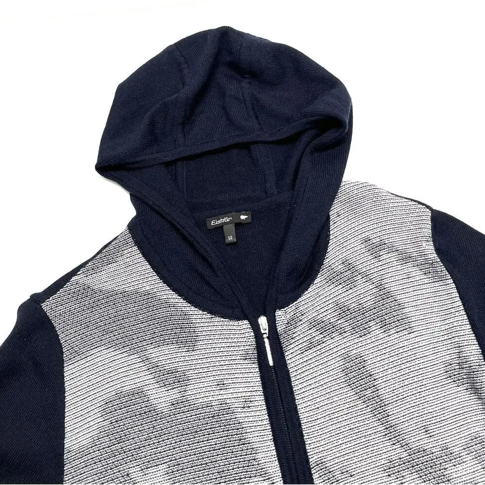 Eisbar Hooded Full Zip Sweater Mens Size M EU 50 Blue & Gray Wool Knit